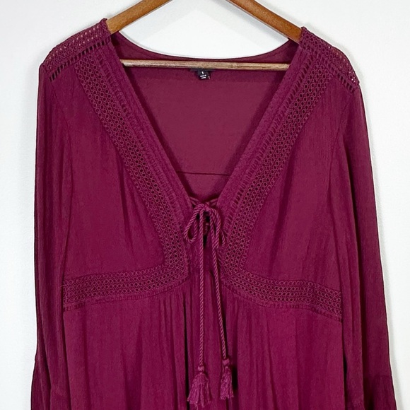 Torrid Lace Up Crinkle Gauze Flowy Long Sleeve Mini Skater Dress Burgundy - Picture 7 of 14